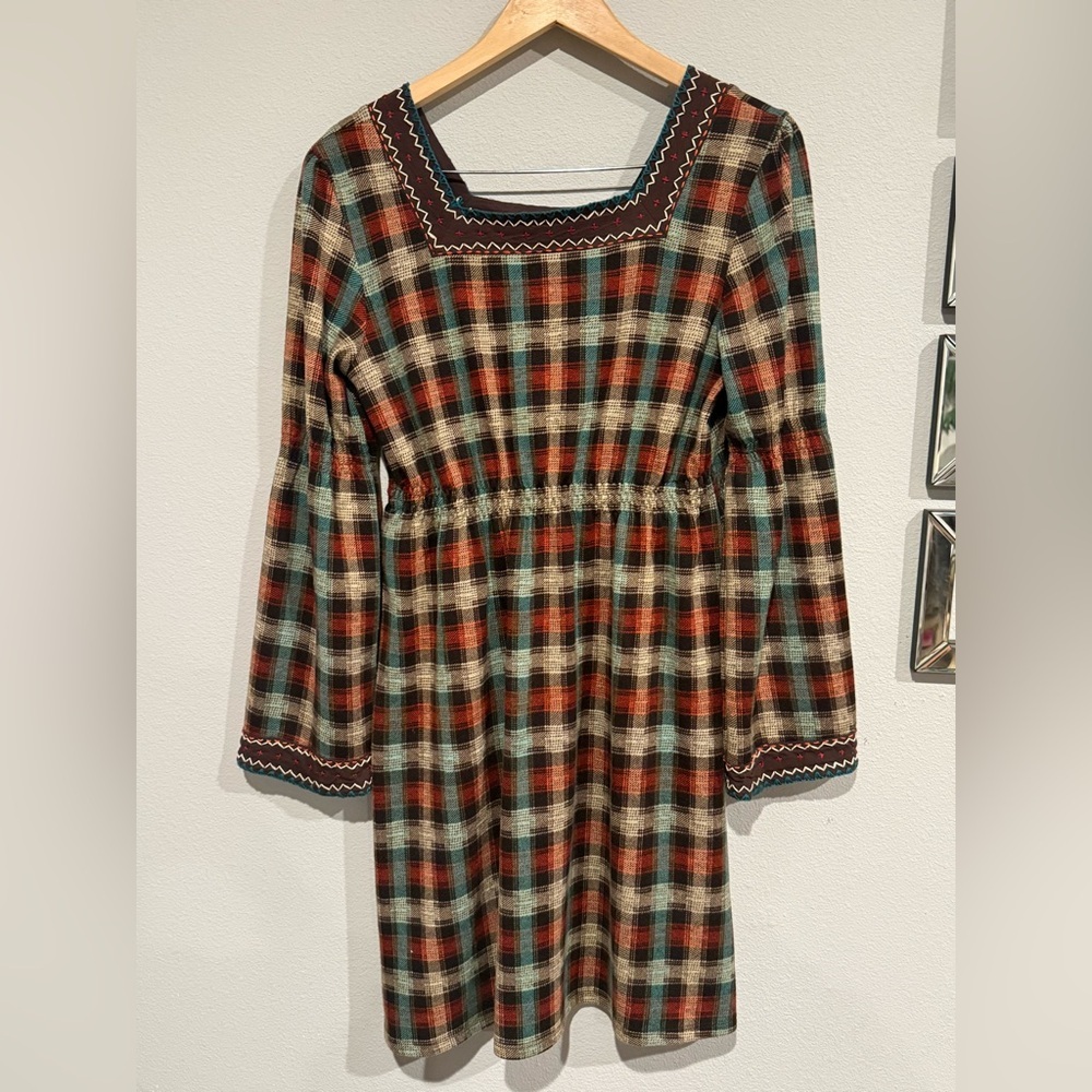 Double D Ranch Plaid‎ Floral Embroidered Dress Size S Long Sleeve Western Boho - Picture 3 of 4